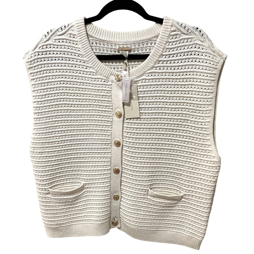 Magaschoni Sweater Vest Creamy White Knit Gold Buttons Chic SZ XL NWT